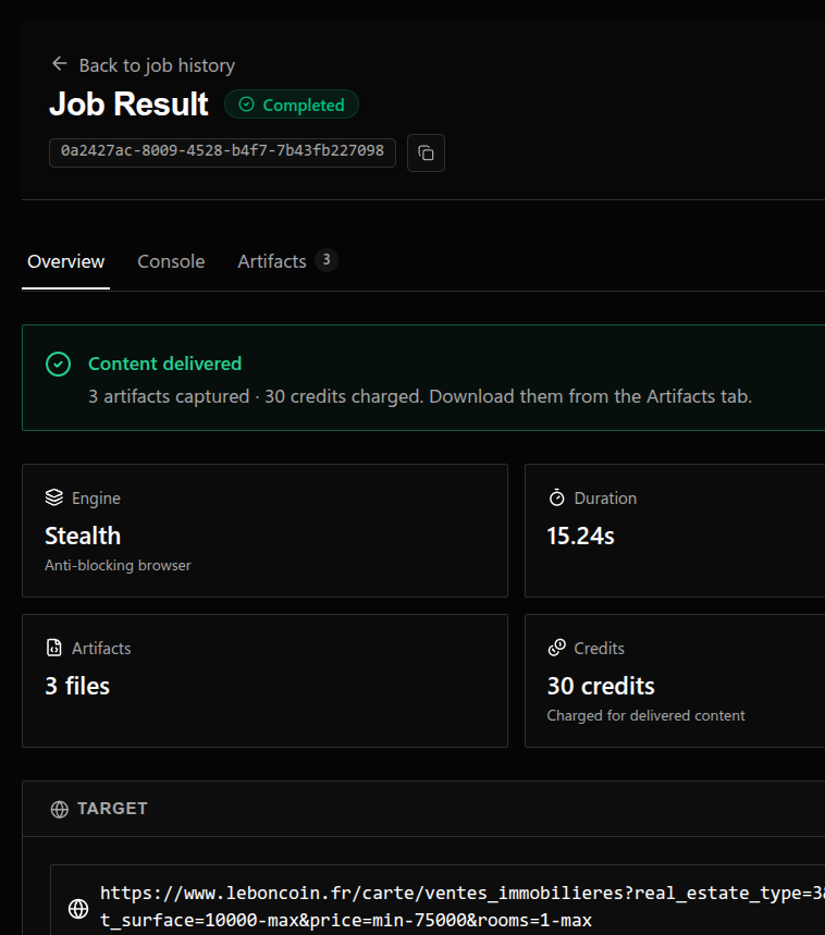 ScrapeNest console - completed stealth job with engine, duration, artifacts, and credits