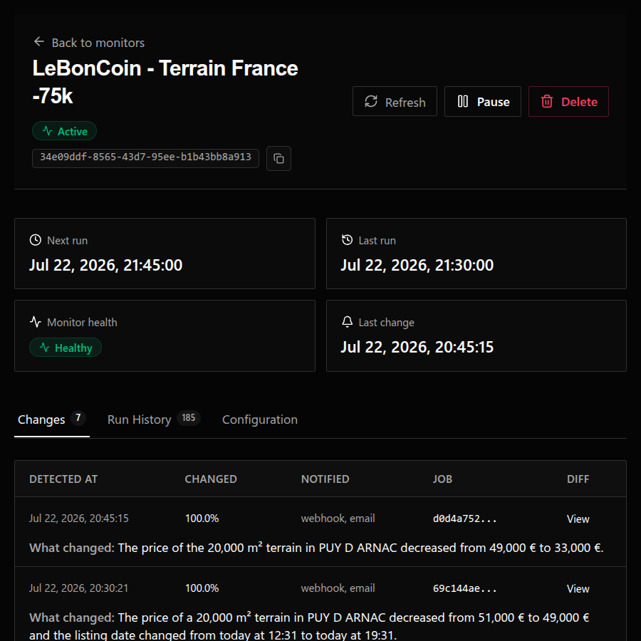 ScrapeNest console - active monitor with AI change summary showing price drop detected on LeBonCoin